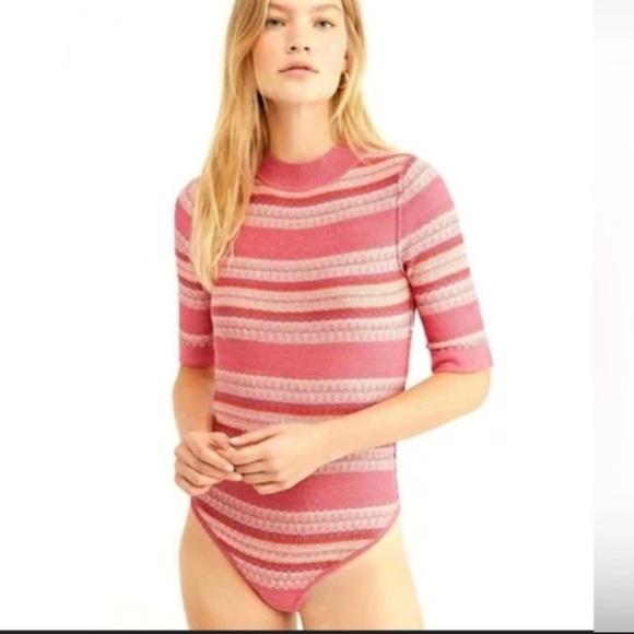 Intimately Free People warmer sweater red and pink stripe bodysuit 20289 - Picture 1 of 8